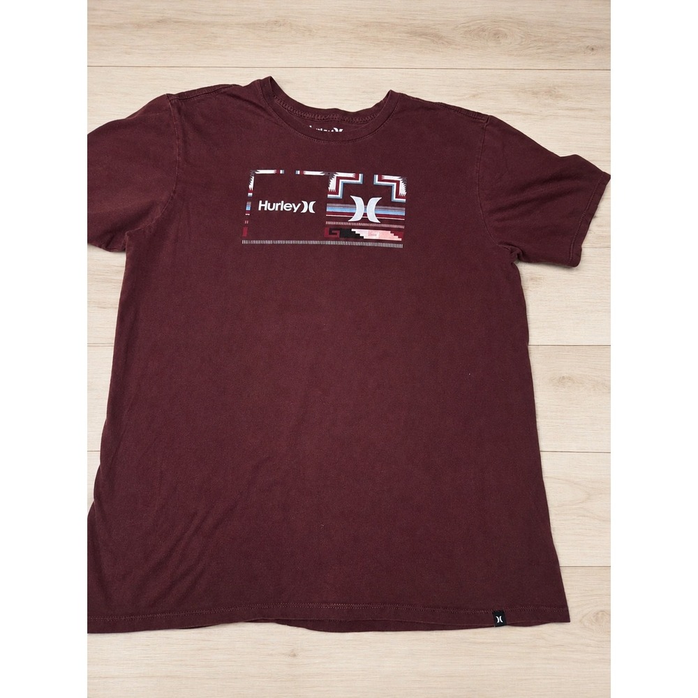 Hurley Mens Large Graphic T Shirt Burgundy Tribal Surf Skate Y2K 100% Cotton